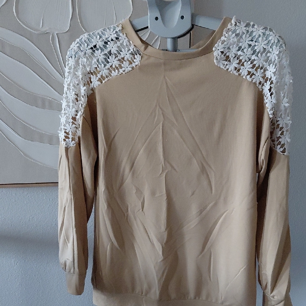 Elegant Beige Lace Shoulder Women's Top